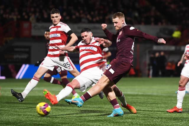 Hearts forward Stephen Humphrys opens the scoring with this strike against Hamilton Accies at the ZLX Stadium.
