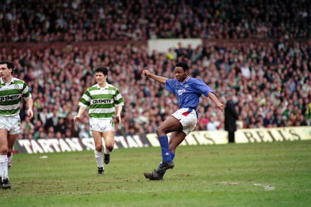 Going for goal in another Old Firm clash from 1991.