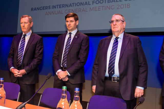 New Rangers interim chairman Douglas Park, right, with Dave King, left, and manager Steven Gerrard.