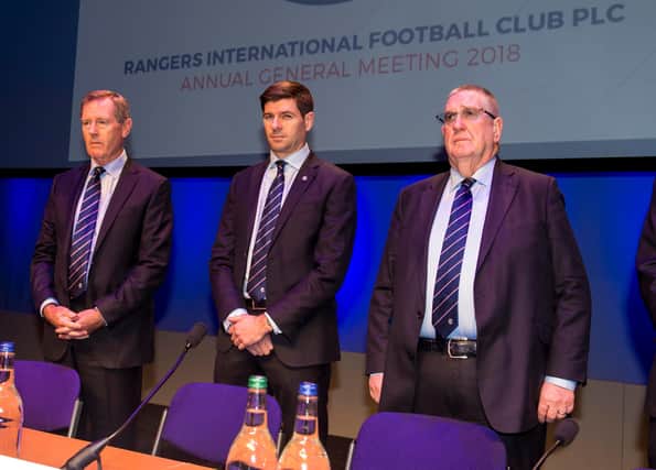 New Rangers interim chairman Douglas Park, right, with Dave King, left, and manager Steven Gerrard.