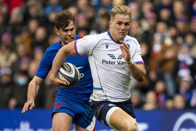 Duhan van der Merwe in action for Scotland against France during this year's Six Nations. (Photo by Ross MacDonald / SNS Group)