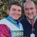 Jockey Derek Fox pictured at Aintree with Bruce Jeffrey after winning the 2017 Randox Grand National on One For Arthur