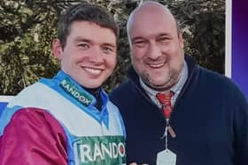 Jockey Derek Fox pictured at Aintree with Bruce Jeffrey after winning the 2017 Randox Grand National on One For Arthur