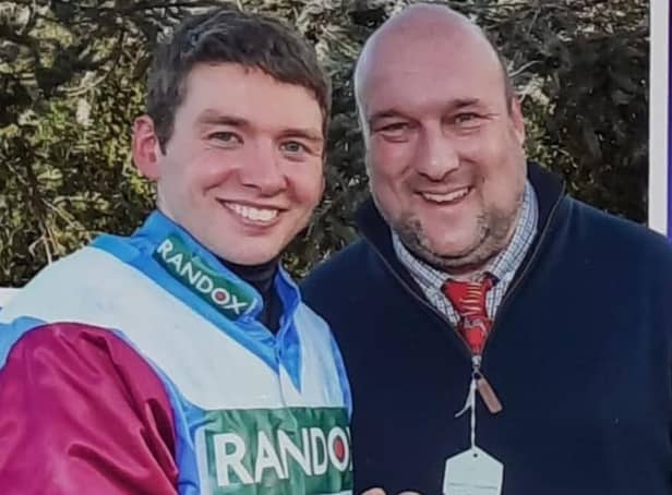 Jockey Derek Fox pictured at Aintree with Bruce Jeffrey after winning the 2017 Randox Grand National on One For Arthur