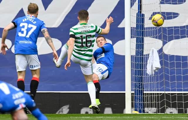 Steven Davis opens the scoring for Rangers against Celtic at Ibrox with an acrobatic close range shot. (Photo by Rob Casey / SNS Group)