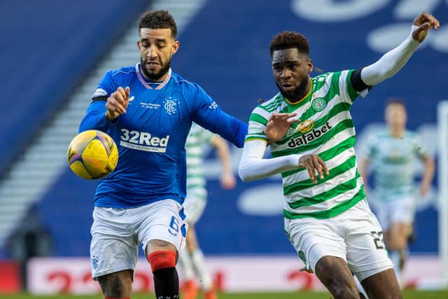 Rangers' Connor Goldson (left) holds off Celtic's Odsonne Edouard in the Old Firm match at Ibrox on January 02 (Photo by Craig Williamson / SNS Group)