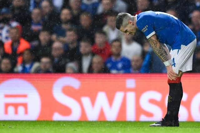 Ryan Kent reacts after pulling up with a hamstring injury during Rangers' Europa League defeat against Lyon at Ibrox on Thursday night. (Photo by Craig Foy / SNS Group)