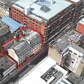 An aerial view with the building housing the former Archaos nightclub in Glasgow city centre highlighted in red.