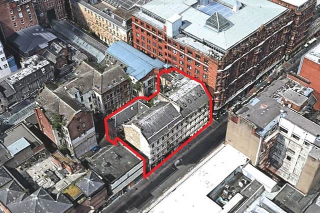An aerial view with the building housing the former Archaos nightclub in Glasgow city centre highlighted in red.