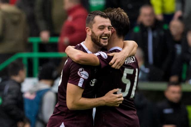 Hearts' Craig Halkett celebrates with Aaron Hickey as they enjoy derby success over rivals Hibs at Easter Road. Photo by Alan Harvey / SNS Group