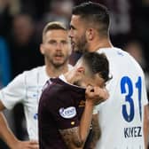 Jorge Grant holds his head in his hands after being sent off for diving in Hearts 1-0 defeat by Zurich.