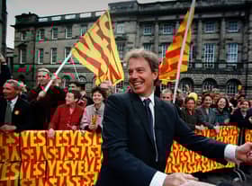 Tony Blair in Edinburgh's Parliament Square the morning after the devolution referendum delivered a decisive Yes Yes vote (Picture: Allan Milligan)
