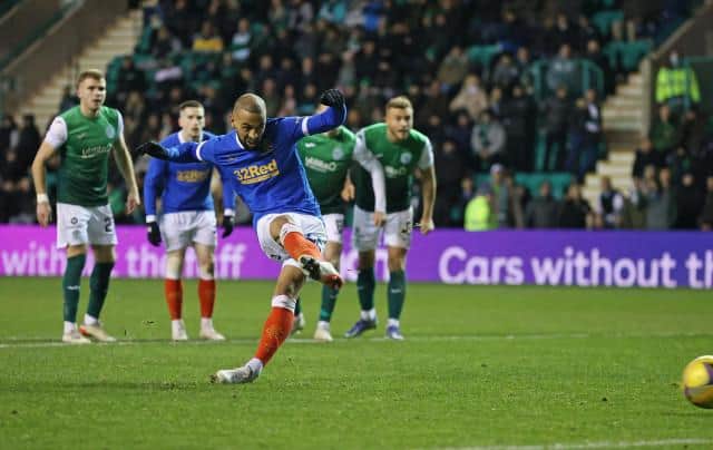 Rangers' Kemar Roofe makes it 1-0 from the penalty spot during a cinch Premiership match between Hibernian and Rangers at Easter Road, on December 01, 2021, in Edinburgh, Scotland. (Photo by Craig Williamson / SNS Group)
