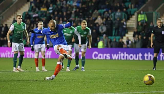 Rangers' Kemar Roofe makes it 1-0 from the penalty spot during a cinch Premiership match between Hibernian and Rangers at Easter Road, on December 01, 2021, in Edinburgh, Scotland.  (Photo by Craig Williamson / SNS Group)