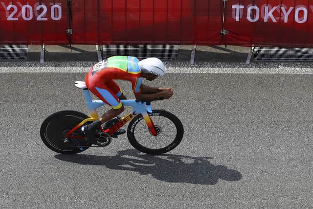 Amanuel Ghebreigzabhier of Eritrea in the Olympics men's cycling individual time trial in Oyama, Japan. Picture: Tim de Waele/AP