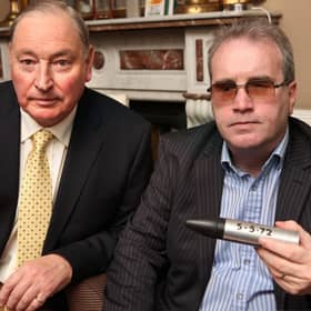 Retired British Army Captain Charles Inness, who lives in the Scottish Borders, with Richard Moore, who is holding the rubber bullet that blinded him in 1972. PIC: Contributed. ©Photo by Derek Speirs