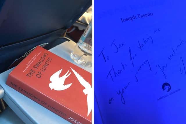 An author flying to Scotland to promote his latest novel enjoyed a “very funny moment” when he noticed the stranger sitting next to him on the flight was reading his new book.