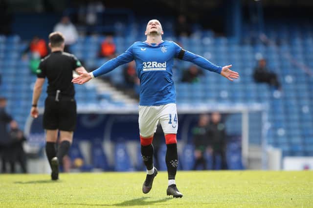 Ryan Kent of Rangers celebrates scoring his team's second goal (Photo by Ian MacNicol/Getty Images)