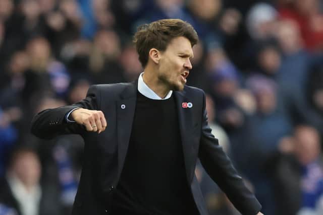 Rangers manager Danny Rohl celebrates during the 3-1 over Kilmarnock.