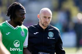 Hibs interim manager David Gray with Rocky Bushiri after the 1-1 draw at Livingston. (Photo by Mark Scates / SNS Group)