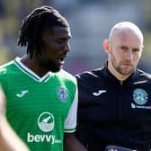 Hibs interim manager David Gray with Rocky Bushiri after the 1-1 draw at Livingston. (Photo by Mark Scates / SNS Group)