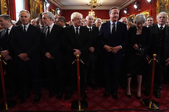 Labour leader Sir Keir Starmer, former prime ministers Tony Blair, Gordon Brown, Boris Johnson, David Cameron, Theresa May and John Major ahead of the Accession Council ceremony at St James's Palace, London, where King Charles III is formally proclaimed monarch.