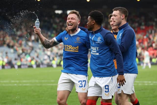 Scott Arfield and Amad Diallo of Rangers celebrate at full time after the semi-final win over Celtic. (Photo by Ian MacNicol/Getty Images)