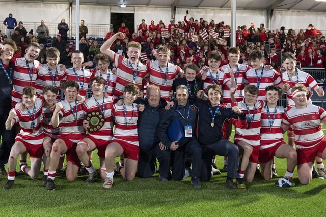 Loretto celebrate after winning the under-18s Shield final against Queen Victoria School from Dunblane at the DAM Health stadium next to Murrayfield