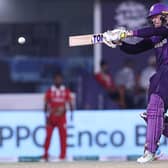 Scotland's Richie Berrington plays a shot during the ICC men's Twenty20 World Cup cricket match between Oman and Scotland.