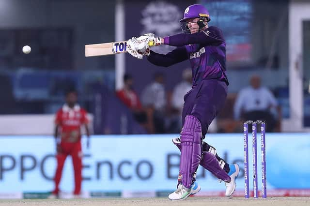 Scotland's Richie Berrington plays a shot during the ICC men's Twenty20 World Cup cricket match between Oman and Scotland.