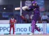 Scotland's Richie Berrington plays a shot during the ICC men's Twenty20 World Cup cricket match between Oman and Scotland.