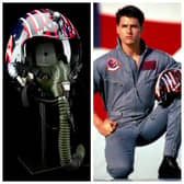 The fighter pilot helmet, left, and Tom Cruise in Top Gun, right.