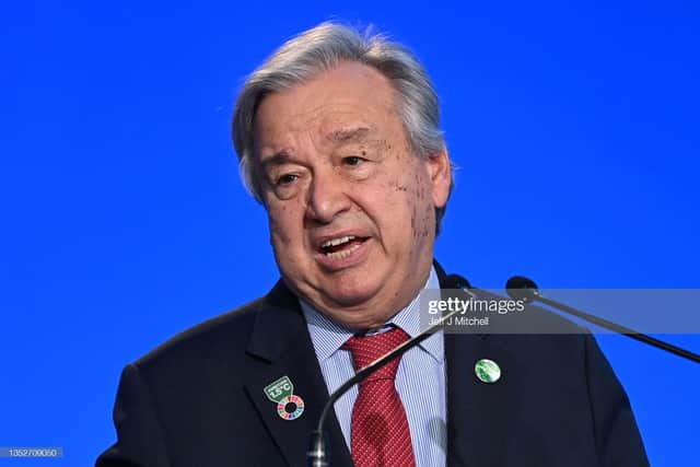 António Guterres, secretary general of the United Nations, pictured here at COP26 in Glasgow, called for independent investigations into potential Russian war crimes. Picture: Getty Images