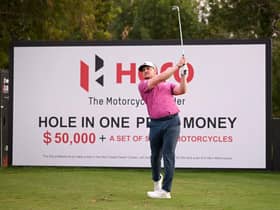Connor Syme tees off on the seventh hole during the continuation of round two of the Hero Dubai Desert Classic at Emirates Golf Club. Picture: Ross Kinnaird/Getty Images.
