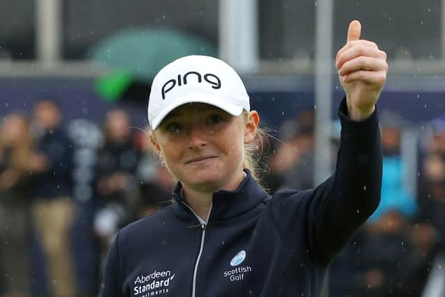Louise Duncan acknolwledges the home crowd during the AIG Women's Open at Carnoustie. Picture: Andrew Redington/Getty Images.