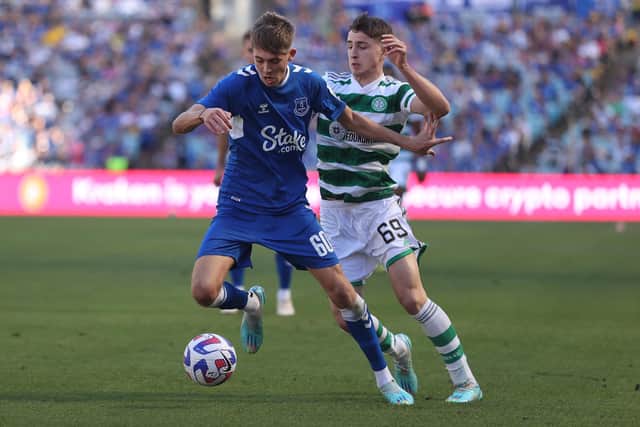 Everton's Isaac Price competes for the ball with Celtic's Rocco Vatta during the Sydney Super Cup match last November. (Photo by Scott Gardiner/Getty Images)