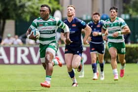 Benetton's Onisi Ratave leaves Ben Healy in his wake as he runs in a second-half try in the BKT United Rugby Championship match at Stadio Monigo in Treviso, Italy. (Photo by Alfo Guarise/INPHO/Shutterstock)