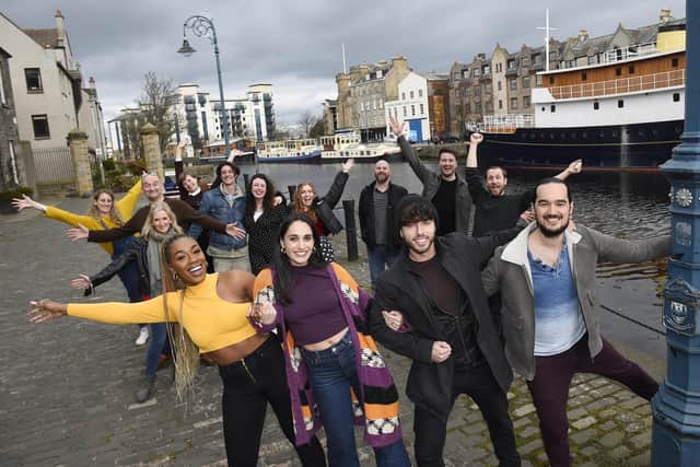 The Sunshine On Leith company on The Shore, with Rhine Drummond, Blythe Jandoo, Keith Jack and Connor Going in foreground. Picture: Greg Macvean