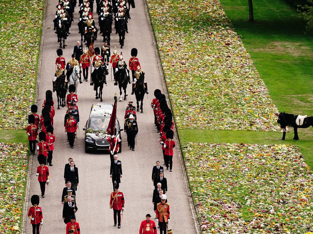 Emma, the monarch's fell pony, stands as the Ceremonial Procession of the coffin of Queen Elizabeth II arrives at Windsor Castle for the Committal Service at St George's Chapel. Picture date: Monday September 19, 2022.