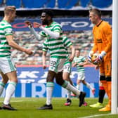 Celtic striker Odsonne Edouard celebrates with Kris Ajer after scoring to make it 1-1. (Photo by Craig Williamson / SNS Group)