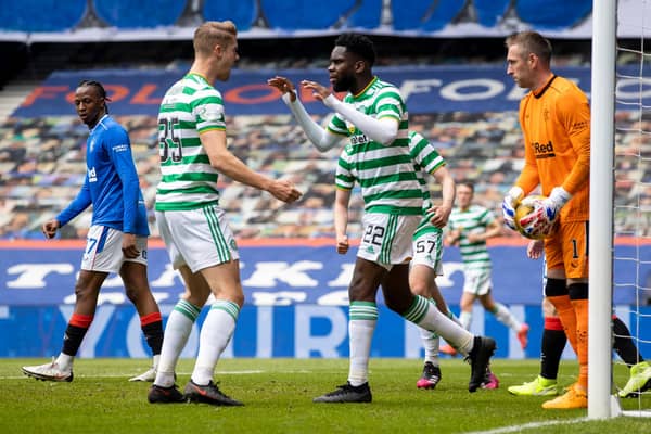 Celtic striker Odsonne Edouard celebrates with Kris Ajer after scoring to make it 1-1. (Photo by Craig Williamson / SNS Group)