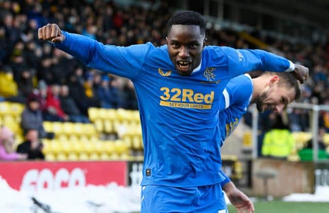 Fashion Sakala celebrates after scoring Rangers' third goal in their 3-1 win at Livingston on Sunday. (Photo by Rob Casey / SNS Group)