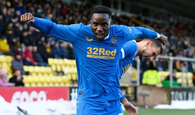 Fashion Sakala celebrates after scoring Rangers' third goal in their 3-1 win at Livingston on Sunday. (Photo by Rob Casey / SNS Group)