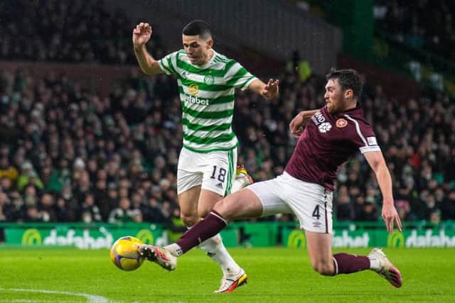 Hearts John Souttar and Tom Rogic in action during a cinch Premiership match between Celtic and Heart of Midlothian at Celtic Park, on December 2. (Photo by Craig Foy / SNS Group)