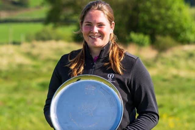 Milngavie's Lorna McClymont shows off the Welsh Women's Open Stroke-Play Trophy after he win at Prestatyn. Picture: Wales Golf.