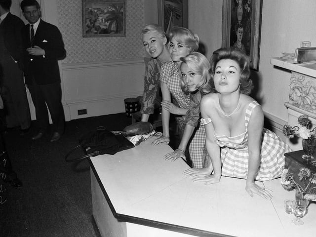 French film stars add a touch of glamour to the 1958 Film Festival in the Film House. (left to right) Noelle Adam, Dominique Wilms, Nicole Berger, and Nadine Tallier