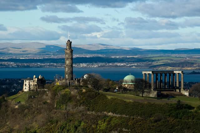 The monuments of Calton Hill, including the unfinished National Monument.