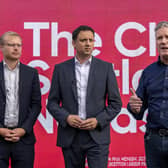 Labour leader Sir Keir Starmer with Scottish Labour leader Anas Sarwar and the new Labour MP for Rutherglen and Hamilton West Michael Shanks.