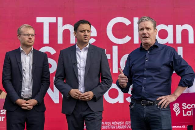 Labour leader Sir Keir Starmer with Scottish Labour leader Anas Sarwar and the new Labour MP for Rutherglen and Hamilton West Michael Shanks.