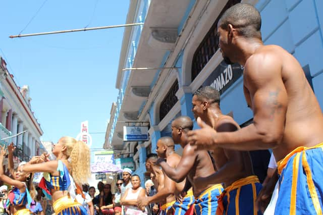 Dancers from Ballet Folklorico Cutumba participating in the opening procession for FIDANZ (International Dance Festival) on Calle Enramadas, Santiago de Cuba. Pic: Caledonia Worldwide